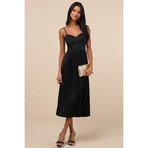 Lulus Regal Romance Black Floral Jacquard Pleated Satin Midi Dress - Size XS